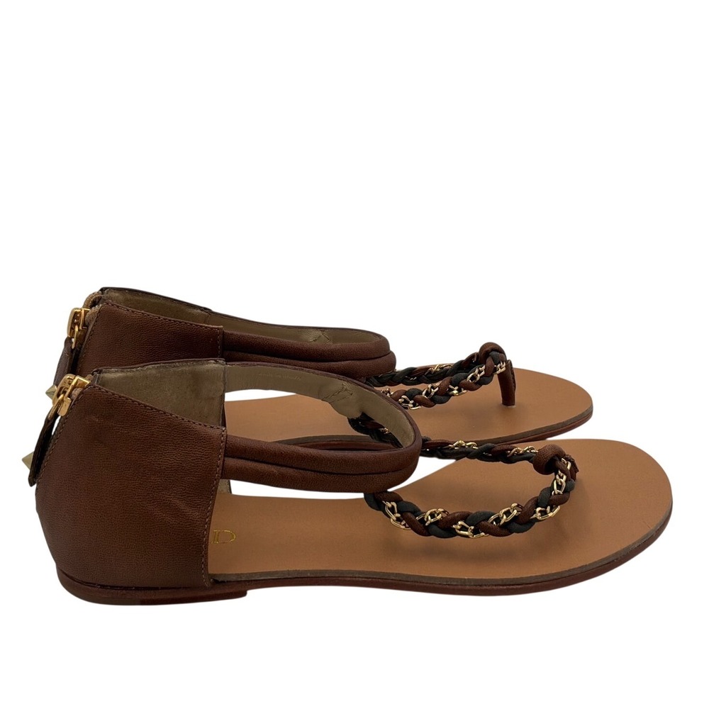 BE & D Womens Brown Leather Braided Chain Thong Sandals Flat Back Zip Gold‎ Stud